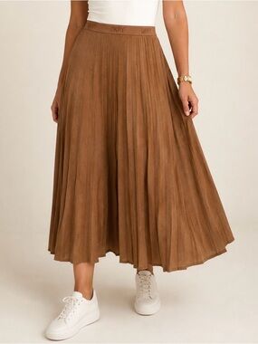 DKNY Brown Camel Pleated Midi Skirt Logo Elastic Waistband Faux Suede L